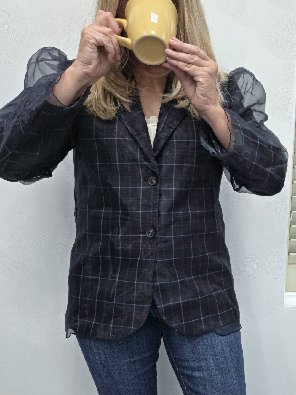 Anthropologie Sheer Tafetta Puff-Sleeve Plaid Blazer - Navy Blue S M